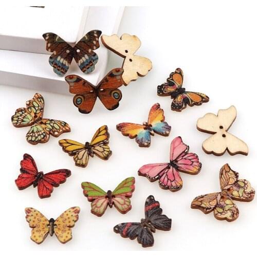 50PC 2 Holes 3 Size Craft DIY Mixed Colorful Butterfly Wooden Scrapbooking Sewing Buttons and Buttons Fit Sewing