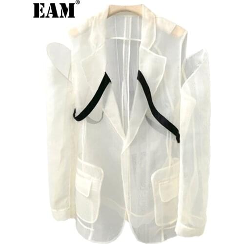 [EAM] Women White Off Shoulder Organza Big Size Thin Blazer New Lapel Long Sleeve Jacket Fashion Spring Summer 2021 1DE0400