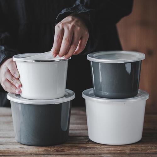 Japanese style porcelain enamel trapezoidal fresh box round cover kitchen sealed food bowl mess tin lunch box dinner bucket