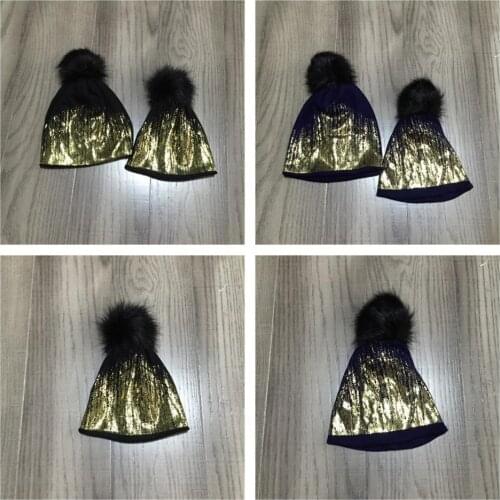 Girlymax baby girls Fall/winter boutique children accessory family look black navy mommy & me knit cap fleece sequins
