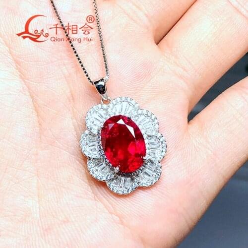 Artificial red color ruby flower 925 silver pendant necklace with 10*14mm 7.3ct main stone for jewelry