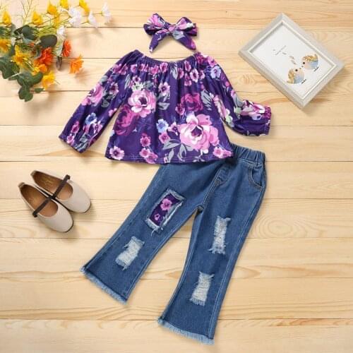 Kids Baby Girl Clothes Set Printing Long Sleeve Tops Ripped Denim Trousers Headband 3Pcs Outfits Casual Infant Toddler Clothing