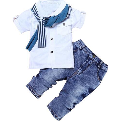 TELOTUNY kids boy clothes set summer Shirt + jeans + scarf fashion costume for boy a802 07