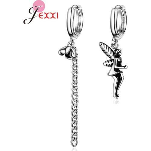 Gothic Exaggerated 925 Thai Silver Angel Long Tassel Chain Asymmetric Charms Drop Earrings For Women Party Jewelry
