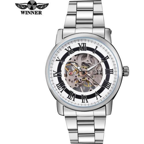 2016 WINNER china brand men business mechanical hand wind watch skeleton dial silver case transparent glass stainless steel band