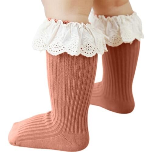 Toddler Baby Girls Lace Stocking Solid Color Medium Tube Boneless Glue Non-slip Floor Hosiery Eyelet Turn Cuff Ruffle Stockings