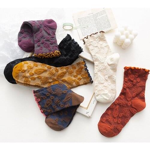 Retro Autumn and Winter New Products Womens Socks Curled Edge Rich Flower Embossed Womens Tube Socks Lolita Fashion Socks