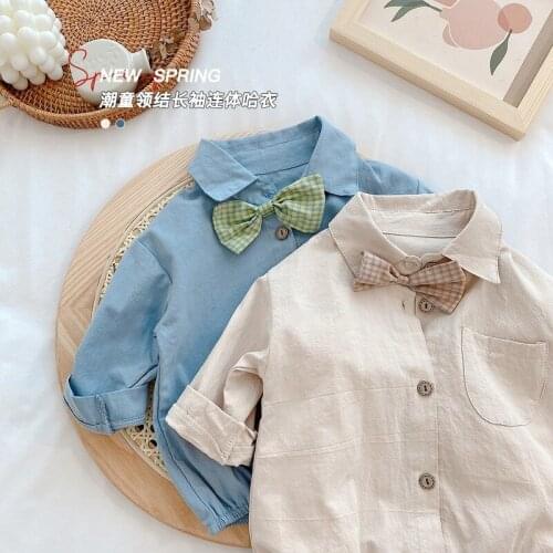 Autumn Newborn Boys Clothes Turn Down Collar Long Sleeve Solid Baby Bodysuit