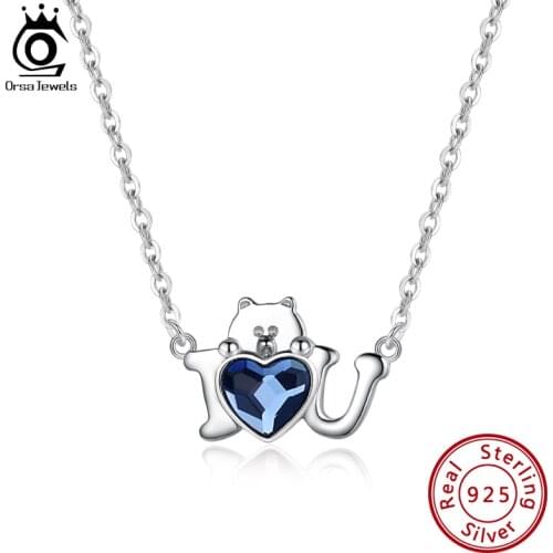 ORSA JEWELS 925 Sterling Silver Love Heart Austria Crystal Pendants Necklace with Cute Bear Women Girl Necklace Jewelry SWN11