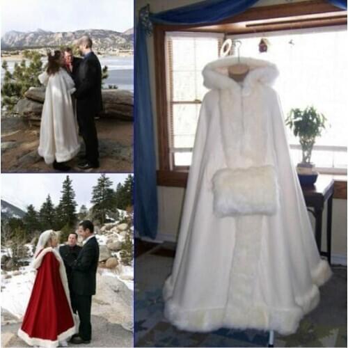 White/Ivory Cape Bridal Wedding Cloak Hooded Coat Jackets Faux Fur Satin Christmas Cloaks Jackets