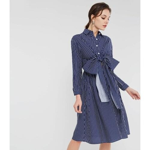 Fashion female single breasted striped bow Dress Womens was thin England style design Dress wq1593 dropship
