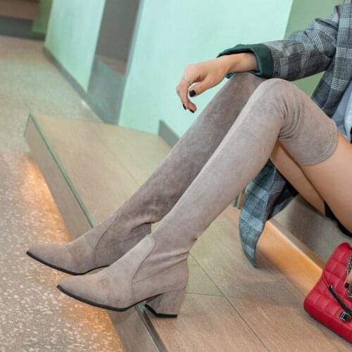 New Fashion Autumn Winter Over The Knee High Boots Thick Heel Pointed Suede Stretch Boots Were Thin Womens High Heels Boots