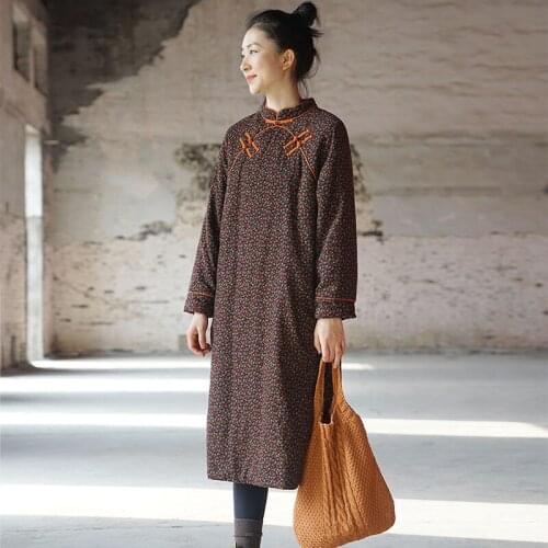 SCUWLINEN Retro Improved Cheongsam 2020 Winter Floral Print Stand Collar Plate Button Thick Warm Long Cotton Padded Dress P328