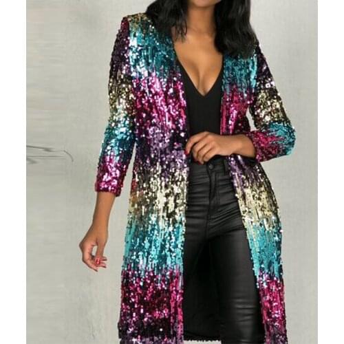 Sexy Sequined Woman Clothing Long European Style Bling Trench Female Cardigan Party Woman Coat