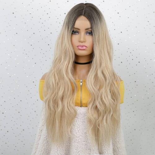 Lativ Synthetic Long Wavy Mixed Blonde Wig Middle Part Wig Fiber Heat Resistant Natural Looking Wigs for women