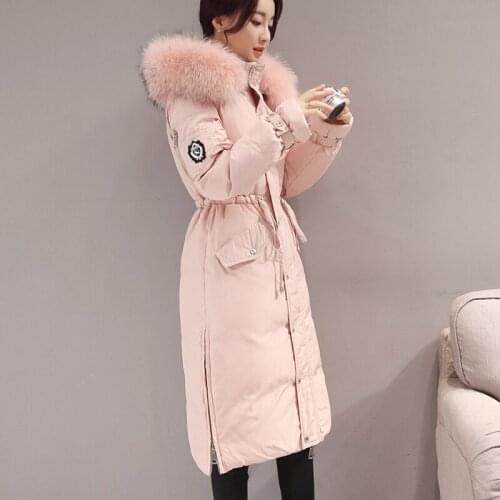 White Duck Jacket Women Thicken Warm Real Fur Slim Waist Down Medium Long Parka Coat Female doudoune femme XC009