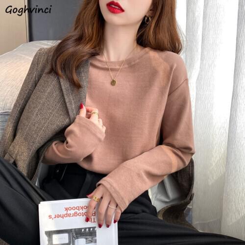 Women Long Sleeve T-shirts Solid Basic Warm Soft Cozy Slim Korean Fashion Elegant 2XL All-match Daily Casual Date Ulzzang Chic