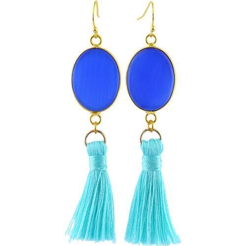 TUMBEELLUWA Oval Blue Cats Eye Stone with Tassel Dangle Hook Earrings for Women