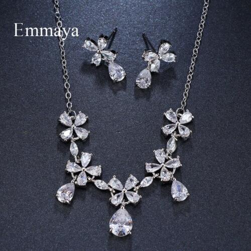 Emmaya Brand Fashion Plant Cubic Zircon White Gold Color Crystal Earrings Necklace Set For Women Elegance Bride Jewelry Gift
