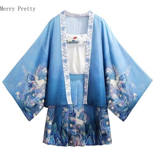 Japan Style Women 3 Piece Dress Sets Print Kimono Blouse Hight Waist Mini Pleated Skirt Sleeveless Camisole 2021 Summer Clothes