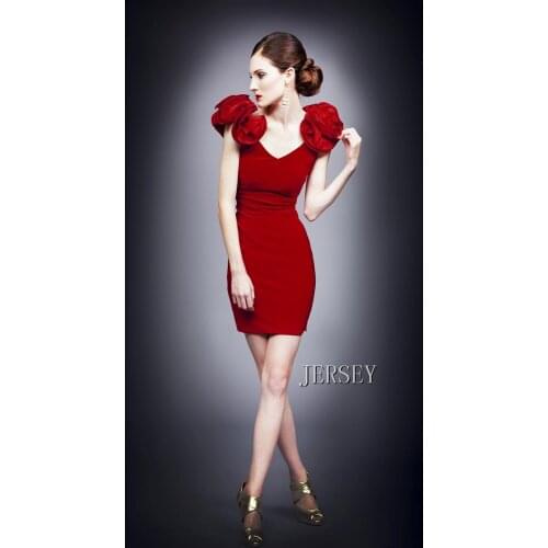 Free shipping 2020 new red flower bubble double-shoulder V-neck bridal short design formal party gown bridesmaid Dress