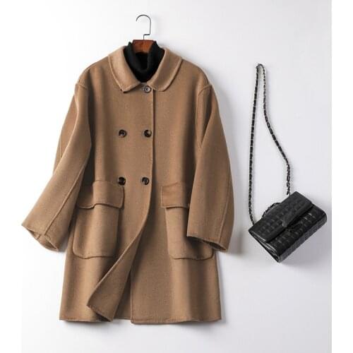 2021 New Autumn Womens Wool Coat Mid Loose Korean Fashion Double Breasted Coats Female Woolen Outerwear Clothing Trench WPY4210