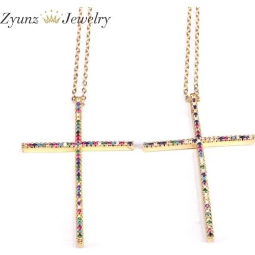 10PCS, Multicolor Crystal Cross Necklace Women Gold Pendant Necklaces For Women CZ Cubic Zirconia Rainbow Jewelry