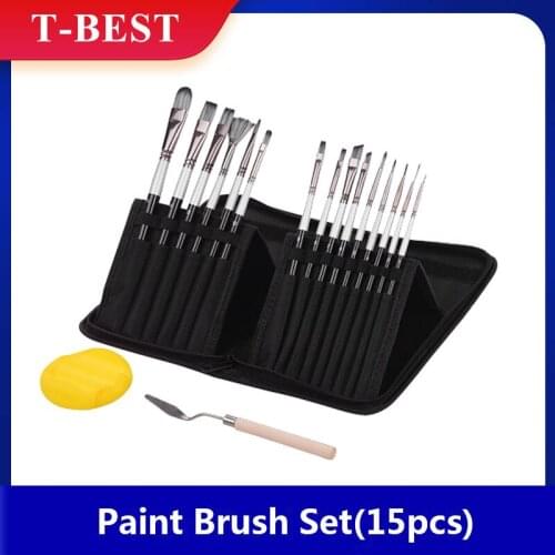 15pcs Artist Paint Brushes Set with Scraper Sponge Ball Carrying Case Professional Drawing Paintbrush Nylon Hair Wooden Handle