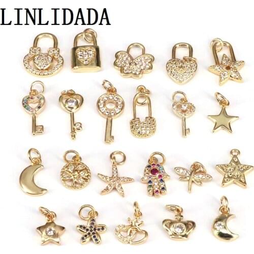 20Pcs Shiny Gold Plated CZ Micro Pave Star Key Lock Moon Pendant , CZ Pave Charms , Cubic Zirconia Jewelry