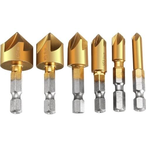 6 x 5 Flute 90degree 1/4inch Hex HSS Countersink Drill Bit Set Chamfer Cutter 6-19