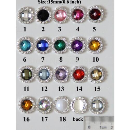 Free Shipping 15mm 100pcs/lot 18 Colors Flatback Round Rhinestone Button For Hair Flower Wedding Invitation BYM01010-1