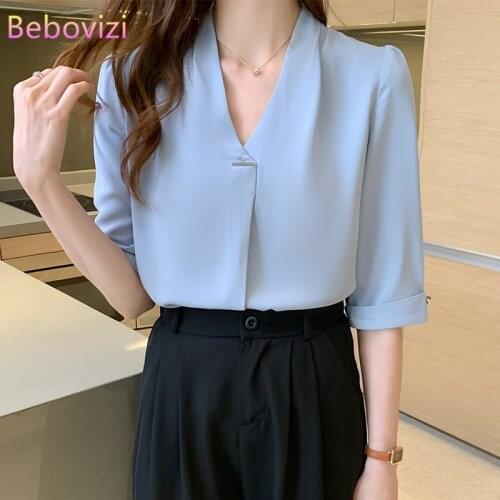 2021 New Blue White Loose Fashion Korean Summer Chiffon Casual V-neck Blouse for Women Office Lady Work Tops