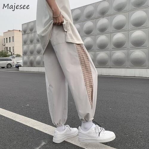 Casual Pants Men Vintage High Street Hip Hop Elastic Waist Plaid Patchwork Simple Cozy Stretchy Teens Trousers Trendy Ulzzang