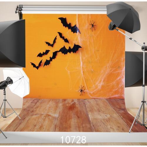 Wooden Floor Photography Backdrops Bats Spider Web Orange Backgrounds for Photo Studio Photoshoot Solid Color 3D Vinyl Custom
