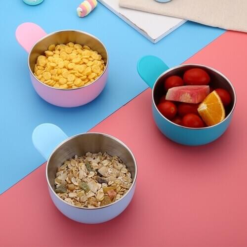 Childrens Creative Stainless Steel Bowl with Handle & Lid Portable Household Plastic Lid Eating Rice Bowl Children Tableware