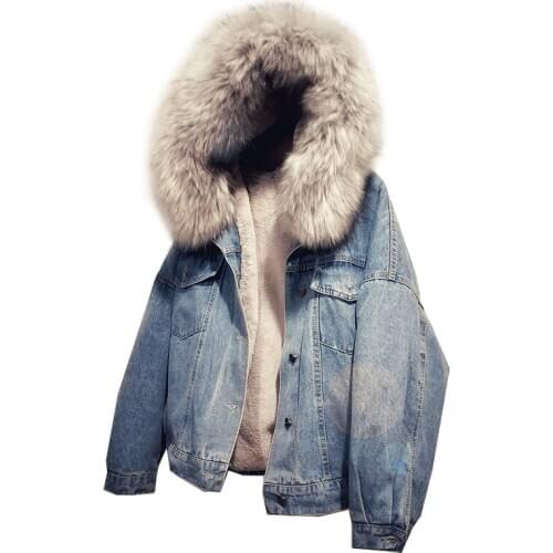 OLGITUM 2019 Fashion sprint and Winter Plus Wool Liner Hooded Loose Denim Uniform Jacket Coat JK582