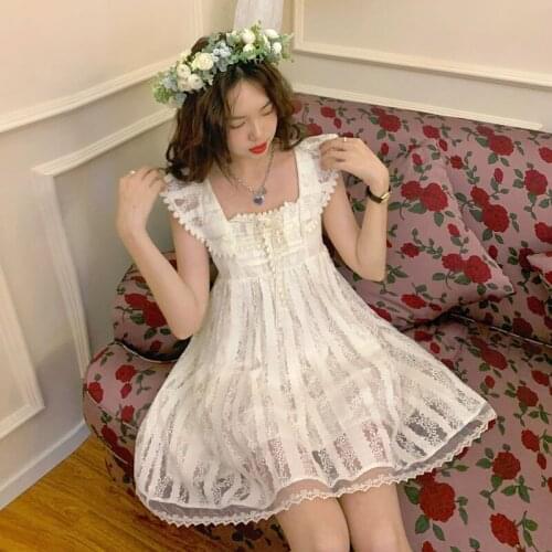 French Sleeveless Summer Lace Dress Female Japanese Kawaii Soft Girl Square Collar Puff Sleeve Lolita Dress Korean Elegant Dress