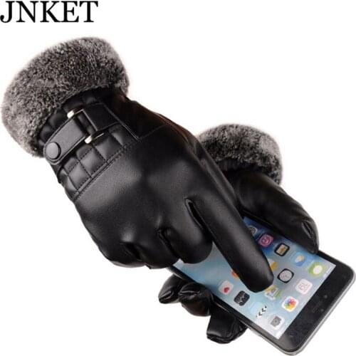 JNKET Winter PU Leather Mens Gloves Touch-screen Gloves Plush Cuff Warm Windproof Motocycle Gloves Coral Velvet Lining