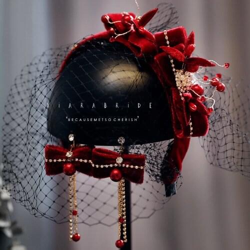 Wine Red Velvet Headwear Eearring Set Bride Wedding Hair Jewelry Set Elegant Ladies Face Veil Flower Rhinestone Velour Hairbands