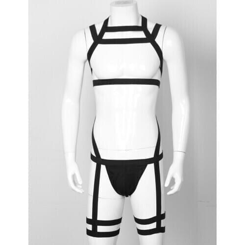 Mens Elastic Strappy Body Shoulder Chest Harness Belts Thong Underwear Lingerie Leg Belt Briefs Exotic Bodysuits Night Costumes