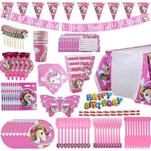 Latest Party Items Pink Rainbow Banner Napkin Cake Wrapped Plate Fork Baby Shower Child Birthday Party Decoration Party Balloon
