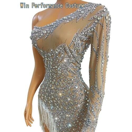 One shoulder unsymmetrical peplum Birthday Anniversary Celebarate Stretch Party Crystal Fringes MiniLatin Dance Stage Costume