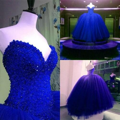 Luxury Pearls Wedding Dresses Strapless Sweetheart Ruffle Bling Beaded Royal Blue Ball Gown Vestido De Noiva Bride Dress