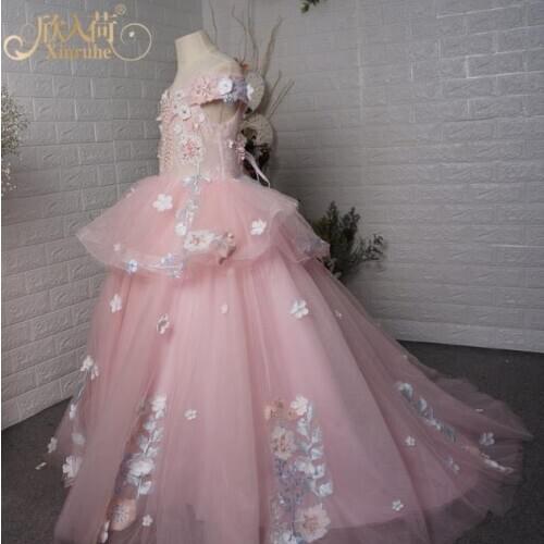 Pink Flower Applique Flower Girls Dresses Princess Ball Gowns Girls Pink Birthday Party Festival Gowns Custom