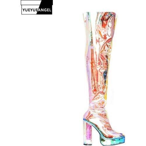 Transparent PVC Block Heels Platform Over The Knee Boots Women Rock Punk Boots Runway High Heel Shoes Plus Size Thigh High Boots