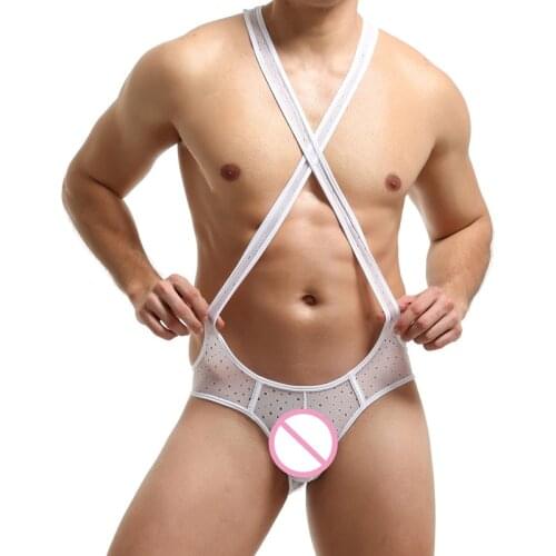 Sexy Men Undershirts Bodysuits Jockstrap Lingerie Transparent Jumpsuit Male Wrestling Singlet Underwear Erotic Open Butt Catsuit
