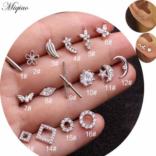 Miqiao 2pcs Explosive Stainless Steel Flower Geometric Moon Earrings Body Exquisite Piercing Jewelry