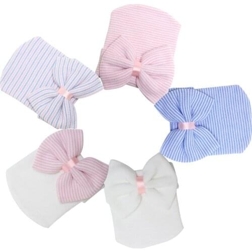 0-3 Month Newborn Baby Hats with Bow Soft Acrylic Hospital Girls Caps Toddler Baby Beanie Photography Props