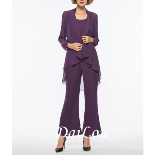 All Sizes Chiffon Formal 3 Pieces Floor-Length Scoop Neckline Mother of the Bride Pantsuits With Long Sleeve Evening Dress 2021