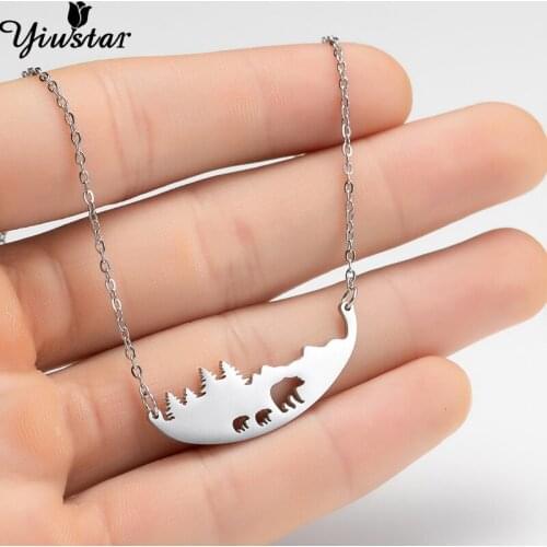Yiustar New Moon Shape Forest with 3 Bear Necklace Mother Baby Famliy Jewelry Stainless Steel Animal Pendant Charms Bear Colares